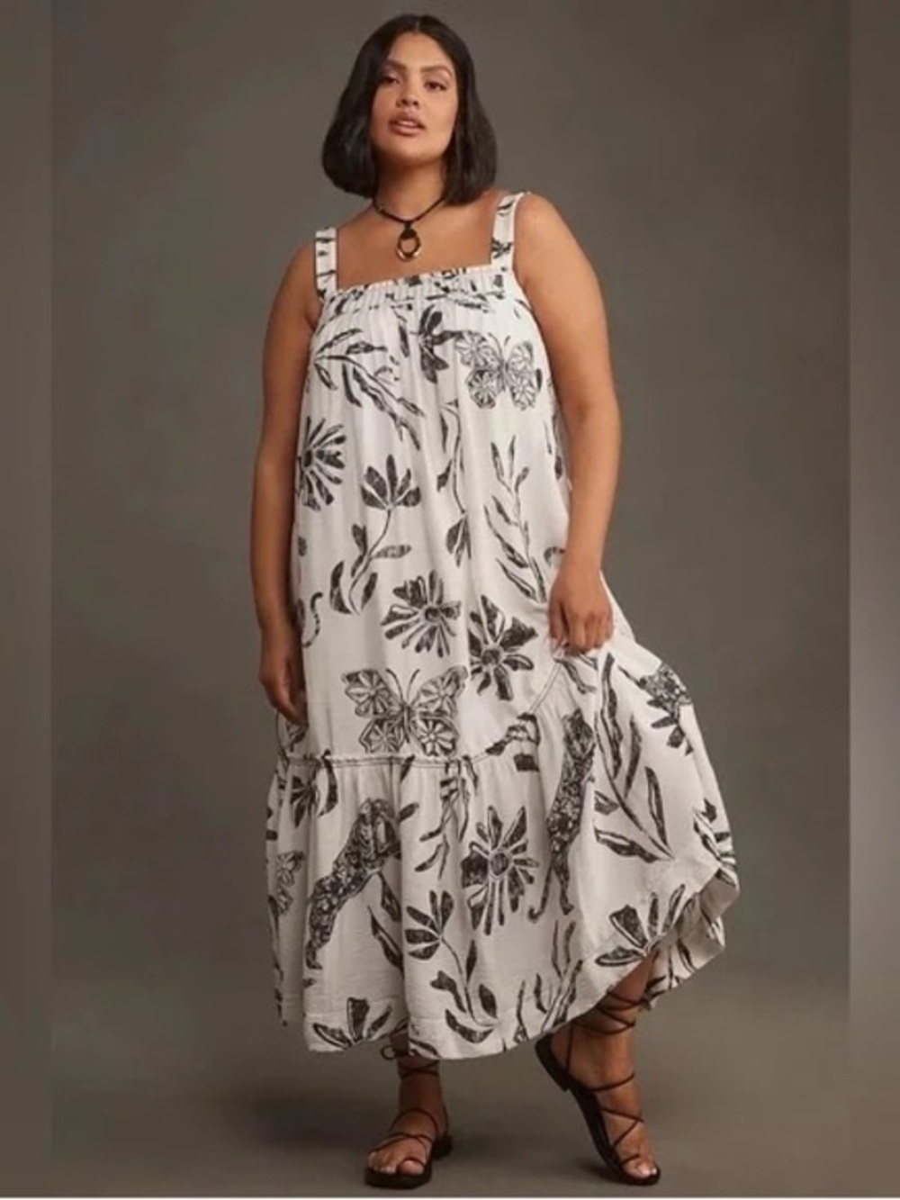 NWT Anthropologie Square-Neck Waistless Hawaiian Tropical Floral Midi Dress